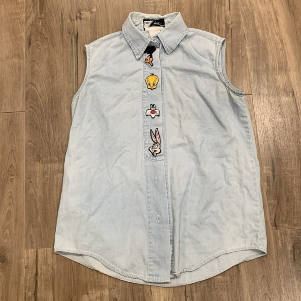 Vintage Looney Tunes Denim Vest Top Line USA Tweety Bugs Bunny Sylvester M‎